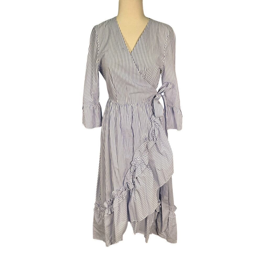 Who What Wear Wrap Dress Small Blue White Stripe Ruffle Cotton Belted Vacation